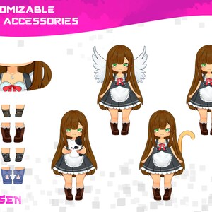 K&ouml;nnte beinhalten: Individuelle K&ouml;rperaccessoires f&uuml;r einen Comic-Charakter. Das Bild zeigt verschiedene Optionen f&uuml;r die Haare, Fl&uuml;gel, Schwanz, Schuhe und ein Haustier des Charakters. Der Text "CUSTOMIZABLE BODY ACCESSORIES" und "CHOSEN" ist ebenfalls sichtbar.