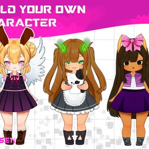 K&ouml;nnte beinhalten: Drei Comicfiguren mit unterschiedlichen Frisuren, Outfits und Accessoires. Die Figur links hat blonde Haare, Hasenohren und Engelsfl&uuml;gel. Die Figur in der Mitte hat braunes Haar, gr&uuml;ne Augen und ein Dienstm&auml;dchen-Outfit. Die Figur rechts hat braunes Haar, Katzenohren und einen lila Rock. Der Text "BUILD YOUR OWN CHARACTER" befindet sich oben im Bild.