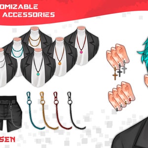 May include: A customizable avatar with a variety of accessories, including necklaces, chains, and earrings. The image shows a selection of different styles and colors of each accessory. The text "CUSTOMIZABLE BODY ACCESSORIES" is at the top of the image. The text "CHOSEN" is at the bottom of the image.