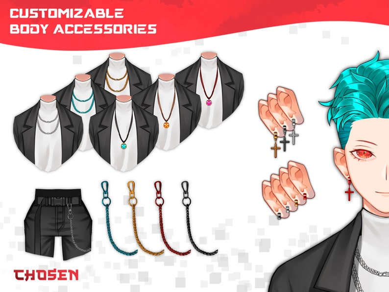 May include: A customizable avatar with a variety of accessories, including necklaces, chains, and earrings. The image shows a selection of different styles and colors of each accessory. The text "CUSTOMIZABLE BODY ACCESSORIES" is at the top of the image. The text "CHOSEN" is at the bottom of the image.