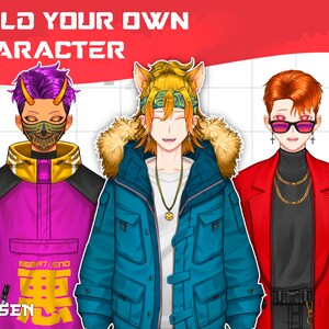 May include: Three anime-style characters with different hairstyles and clothing. The character on the left is wearing a purple jacket with yellow accents and a black mask. The character in the middle is wearing a blue jacket with a fur-lined hood and a gold chain. The character on the right is wearing a red jacket with a black turtleneck and gold chains.