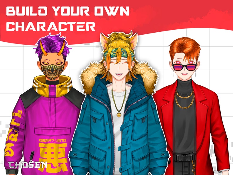May include: Three anime-style characters with different hairstyles and clothing. The character on the left is wearing a purple jacket with yellow accents and a black mask. The character in the middle is wearing a blue jacket with a fur-lined hood and a gold chain. The character on the right is wearing a red jacket with a black turtleneck and gold chains.