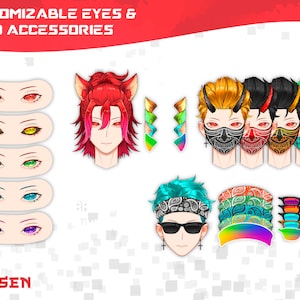 May include: A digital illustration of customizable eyes and head accessories for a character. The image shows a variety of eye colors, including red, yellow, green, blue, and purple. There are also several head accessories, including a pair of cat ears, a bandana, and sunglasses.