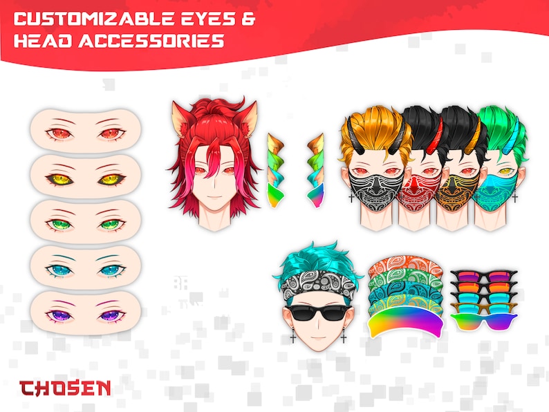 May include: A digital illustration of customizable eyes and head accessories for a character. The image shows a variety of eye colors, including red, yellow, green, blue, and purple. There are also several head accessories, including a pair of cat ears, a bandana, and sunglasses.