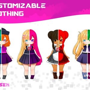 K&ouml;nnte beinhalten: Vier anpassbare Comicfiguren mit verschiedenen Haarfarben und Kleidungsoptionen. Die Figuren sind in der Mitte geteilt, wobei jede H&auml;lfte ein anderes Outfit zeigt. Der Text "CUSTOMIZABLE CLOTHING" befindet sich oben im Bild, und der Text "CHOSEN" befindet sich unten.
