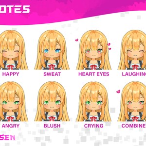K&ouml;nnte beinhalten: Eine digitale Illustration eines Cartoon-M&auml;dchens mit blonden Haaren und verschiedenen Gesichtsausdr&uuml;cken. Die Ausdr&uuml;cke umfassen gl&uuml;cklich, schwitzen, Herzausdr&uuml;cke, lachen, w&uuml;tend, err&ouml;ten, weinen und kombiniert.