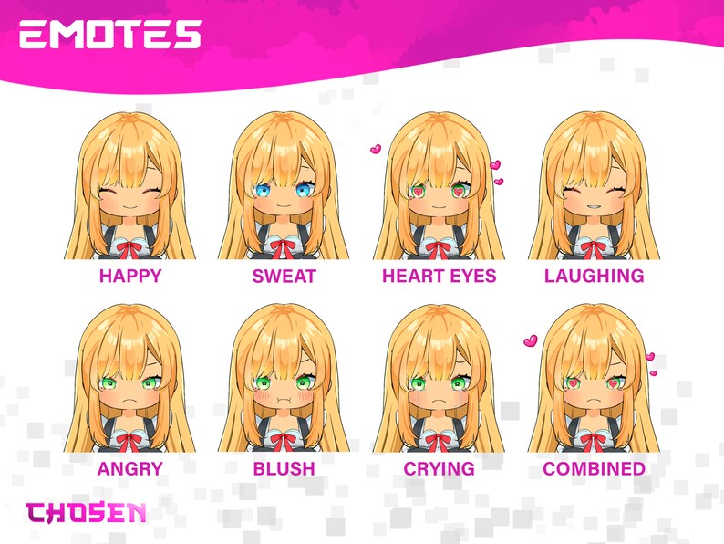 K&ouml;nnte beinhalten: Eine digitale Illustration eines Cartoon-M&auml;dchens mit blonden Haaren und verschiedenen Gesichtsausdr&uuml;cken. Die Ausdr&uuml;cke umfassen gl&uuml;cklich, schwitzen, Herzausdr&uuml;cke, lachen, w&uuml;tend, err&ouml;ten, weinen und kombiniert.