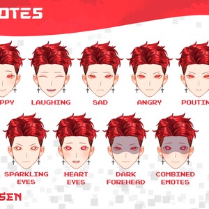 May include: A digital illustration of a red-haired character with different facial expressions, including happy, laughing, sad, angry, pouting, sparkling eyes, heart eyes, dark forehead, and combined emotes. The text "EMOTES" is at the top of the image and the text "CHOSEN" is at the bottom.