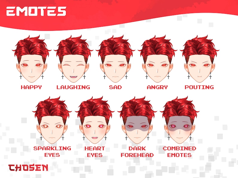 May include: A digital illustration of a red-haired character with different facial expressions, including happy, laughing, sad, angry, pouting, sparkling eyes, heart eyes, dark forehead, and combined emotes. The text "EMOTES" is at the top of the image and the text "CHOSEN" is at the bottom.