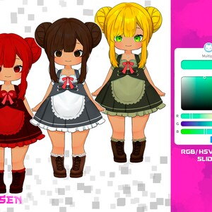 K&ouml;nnte beinhalten: Drei Anime-M&auml;dchen mit verschiedenen Haarfarben und Outfits. Das M&auml;dchen links tr&auml;gt ein rotes Kleid mit einer wei&szlig;en Sch&uuml;rze. Das M&auml;dchen in der Mitte tr&auml;gt ein grau-wei&szlig;es Kleid mit einer wei&szlig;en Sch&uuml;rze. Das M&auml;dchen rechts tr&auml;gt ein gr&uuml;n-wei&szlig;es Kleid mit einer wei&szlig;en Sch&uuml;rze. Der Hintergrund ist ein rosa-wei&szlig;es Karomuster.