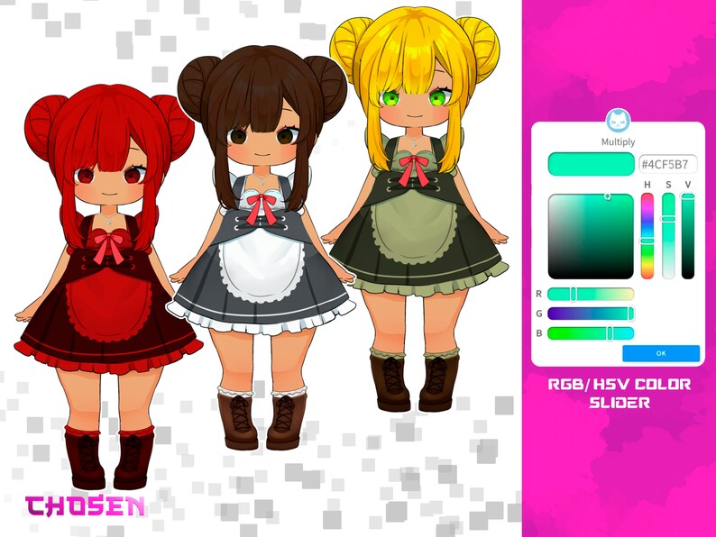 K&ouml;nnte beinhalten: Drei Anime-M&auml;dchen mit verschiedenen Haarfarben und Outfits. Das M&auml;dchen links tr&auml;gt ein rotes Kleid mit einer wei&szlig;en Sch&uuml;rze. Das M&auml;dchen in der Mitte tr&auml;gt ein grau-wei&szlig;es Kleid mit einer wei&szlig;en Sch&uuml;rze. Das M&auml;dchen rechts tr&auml;gt ein gr&uuml;n-wei&szlig;es Kleid mit einer wei&szlig;en Sch&uuml;rze. Der Hintergrund ist ein rosa-wei&szlig;es Karomuster.