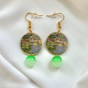 Claude Monet - waterlelies (groen) kunst oorbellen! Goud en zilver, nikkel getest, kunstenaar, creatief, kunstzinnig, eigenzinnig en sieradencadeau