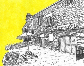 A6 Fresher’s Cafe, Ambleside Fine Line Illustration Print in Pen and Ink DD121