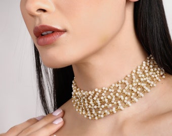 Sierlijke gouden parel choker ketting, parel string ketting choker, handgemaakte parel choker ketting, goud en parel choker voor vrouwen