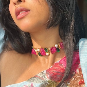 Choker Necklace, Handmade Choker, Pink Stone, Raw Stone Multicolor Necklace, Contemporary Choker, Statement Neckpiece, Indian Choker