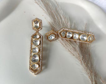 Polki Earrings with 18kt Gold Plating, Moissanite Polki Earrings, Polki Earrings in India, Natural Polki Gold Women Earrings, Gifts for Her