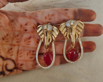 Ganesha Polki Lightweight Earrings, 18kt gold polish Danglers, Gifts for Her, Bollywood Jewellery, Red Earrings, Green Danglers
