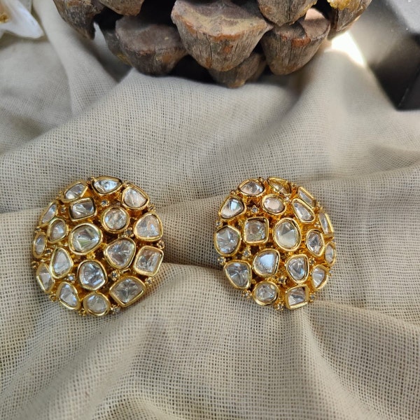 Polki Studs with 14kt Gold Plating, Polki Earrings, Polki Stud Earrings, Studs Earrings in India, Natural Polki Gold Studs Earrings