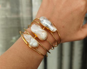 Handmade Gold Brass Baroque Pearl Cuff Bracelet