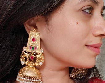 Gold Plated Kundan Jhumka Earrings: Indian Wedding Jewelry