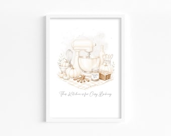 May include: A framed wall art print featuring a watercolour illustration of a stand mixer, pumpkins, cinnamon sticks, and a jar labelled Pumpkin Spice. The text below reads This Kitchen is for Cosy Baking. The colour palette is neutral beige and white.