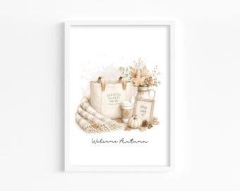 May include: A framed watercolour print featuring a beige tote bag with the text Farmers Market, a coffee cup, a white pumpkin, a pitcher with autumn leaves, and a sign reading Stay Cosy. The bottom of the print displays the text Welcome Autumn.