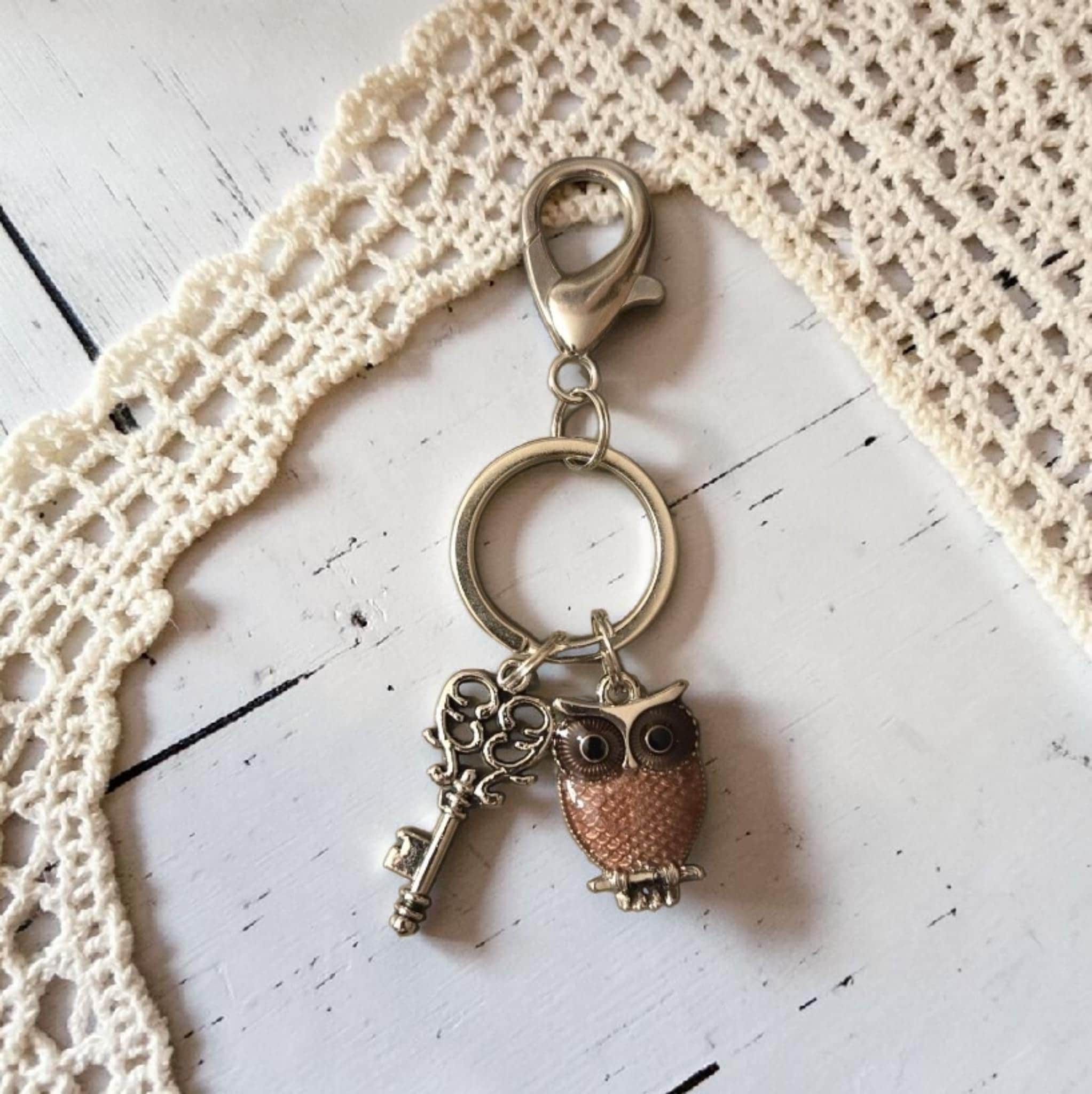 Purple Owl and Silver Color Key Bag Charm or Keychain, Birds, Bird Watching, Nature Inspired Gifts, 