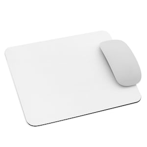 May include: A white rectangular mouse mat with a black trim and a white wireless mouse. The mouse is positioned on the right side of the mouse mat. The mouse and mouse mat are both white.