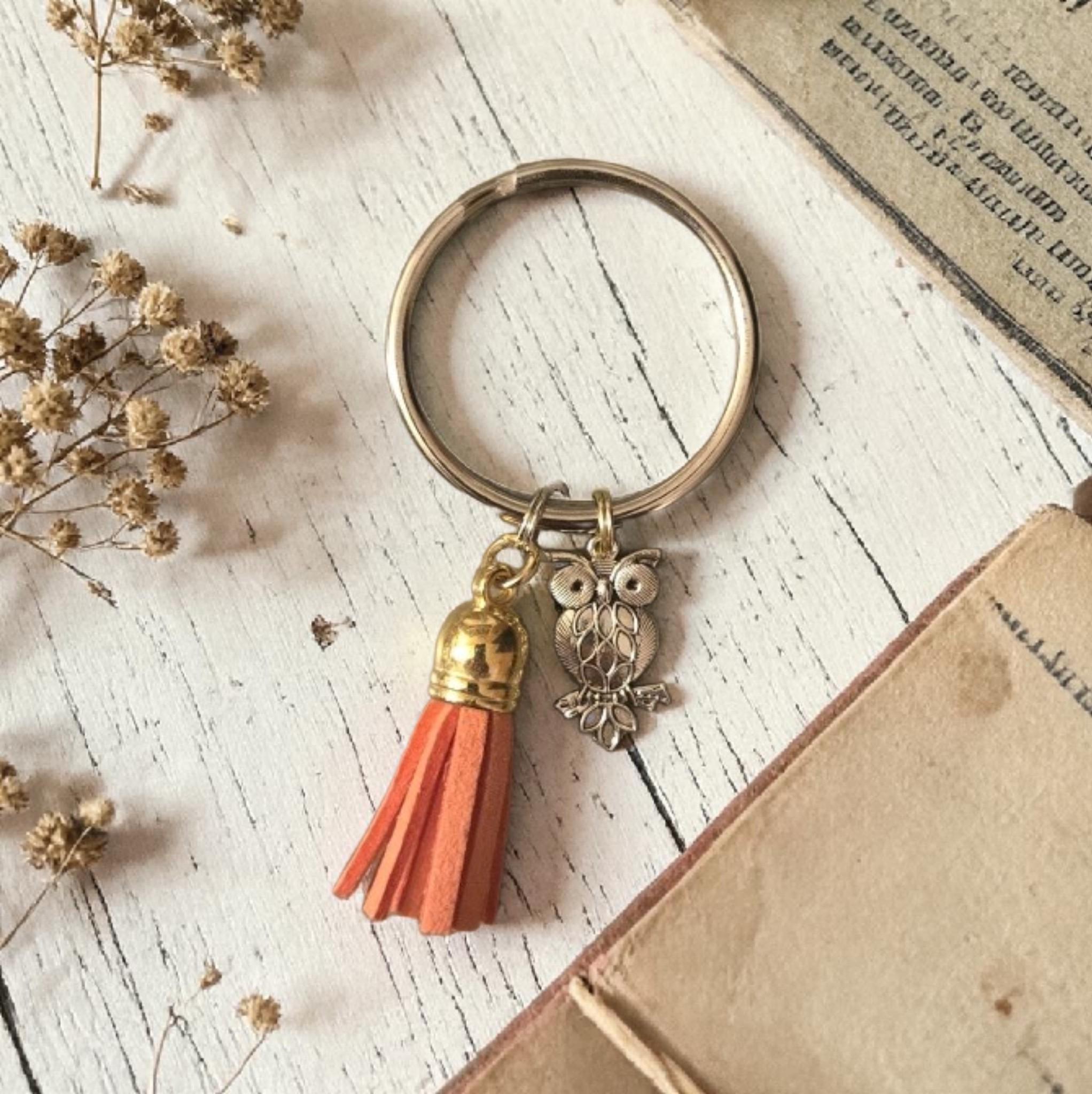 Silver Color Owl and Pink Tassel Keyring, Owl Lover Keychain, Birds, Bird Watching, Barn, Countrysid