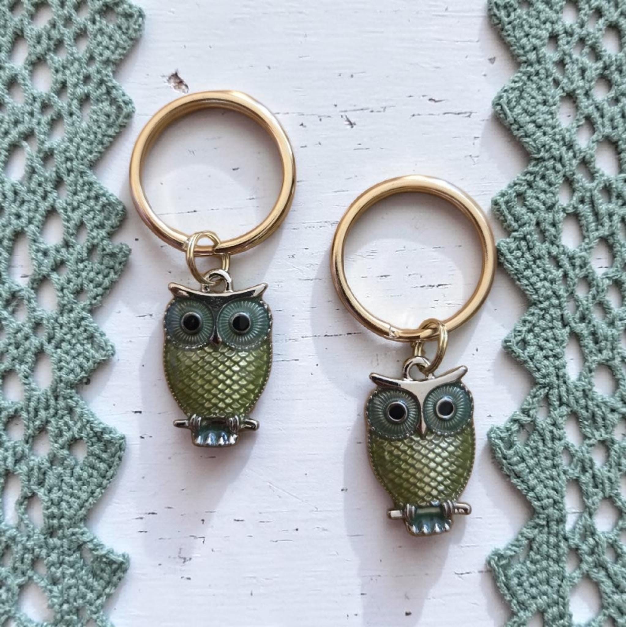 Green Owl Keychain Set, Vintage Style Bird Keyring, Cute Owl Charm Purse Accessory, Woodland Animal