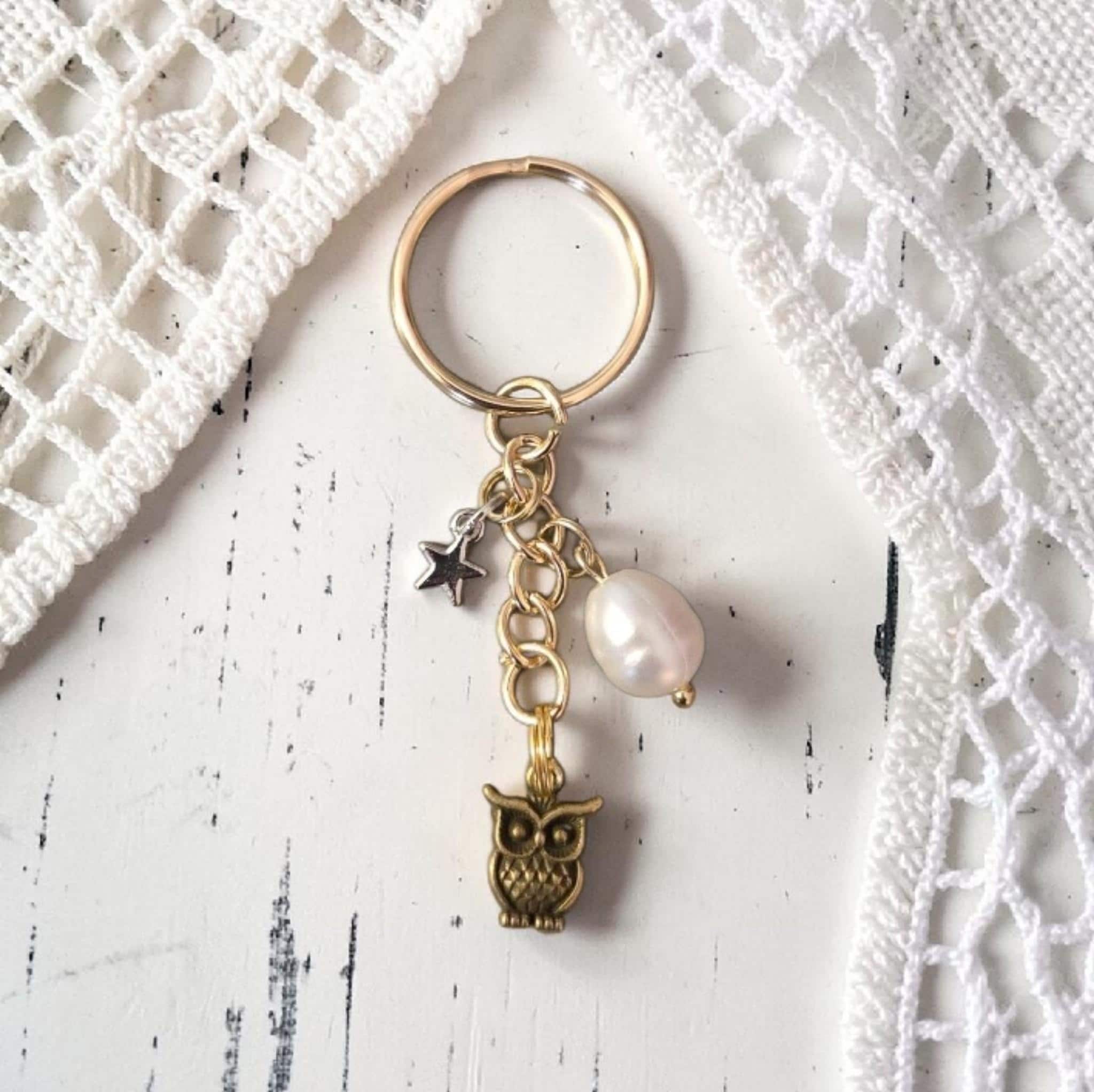Dreamy Owl, Star, and Neutral Charm Keychain, Owl Lover Keychain, Nature Inspired Gifts, Bird Watchi