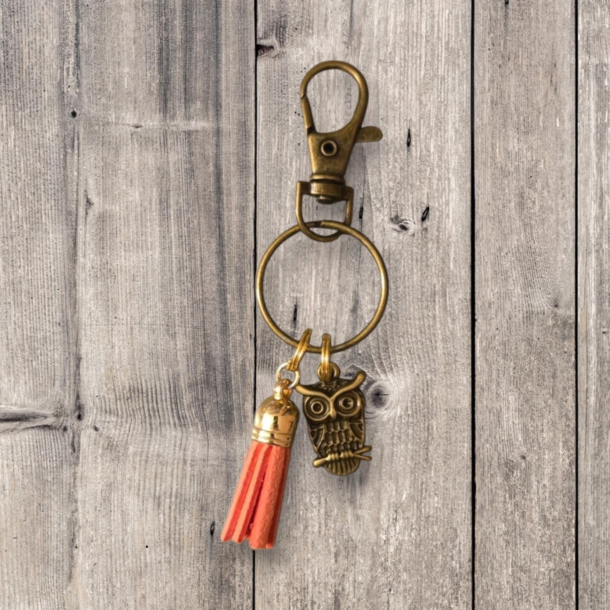 Owl on Branch with Pink Tassel Keychain or Bag Charm, Nature Inspired Gifts, Owl Lover Keyring