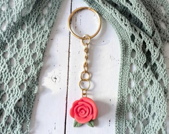 Pink Rose Keychain, Floral Aesthetic Bag Charm, Flower Keyring, Romantic Rose Purse Charm, Botanical Gift for Her, Spring Flower Accessory