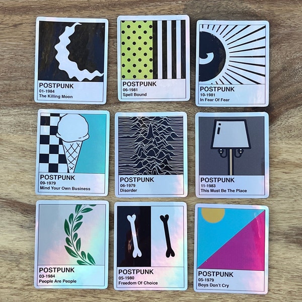 9, Holographic, Post Punk, Pantone Inspired, Joy Division, Talking Heads, Siouxsie And The Banshees, Set Of 9 Holographic Stickers