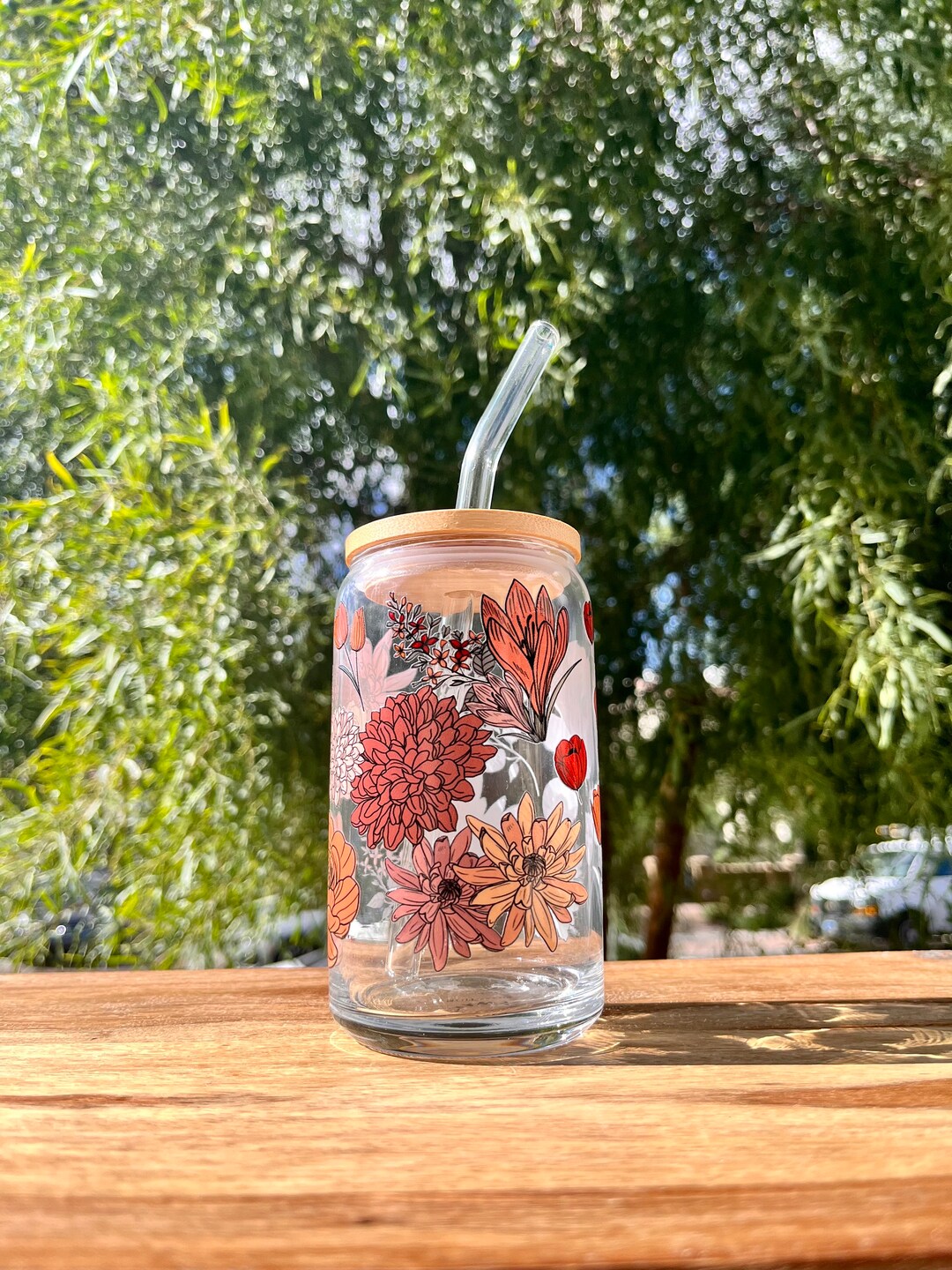 16oz, Beer Can Glass, Bamboo Lid, Glass Straw, Libby Glass, Fall