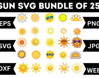 May include: A set of 25 sun SVG illustrations in various styles, including cartoon suns with sunglasses, smiling faces, and simple sun shapes. The illustrations are available in EPS, PNG, JPG, DXF, and WEB formats.