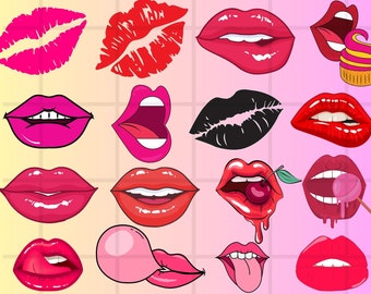 May include: A collection of 14 different lip illustrations in various colors and styles, including red, pink, black, and open mouths with teeth. Some lips are glossy, while others are matte. Some lips are biting a cherry, a lollipop, or a cupcake.