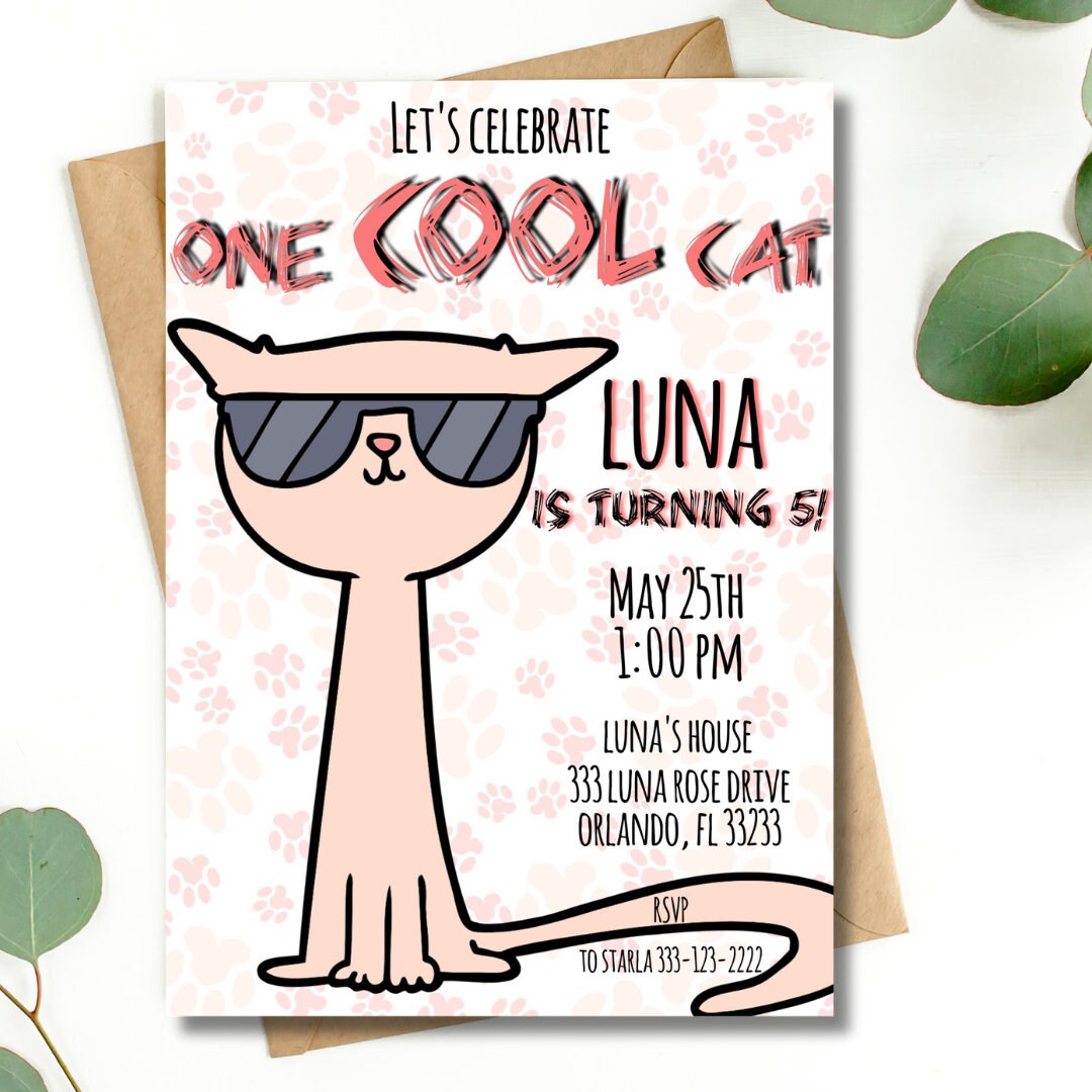 EDITABLE Cat Birthday Invitation Personalized Invitation Etsy