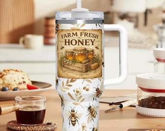 Honey Bee Tumbler, Farm Fresh Honey Mug, Rustic Bee Drinkware, Beekeeper Gift, Cottagecore Cup, Floral Bee Cup