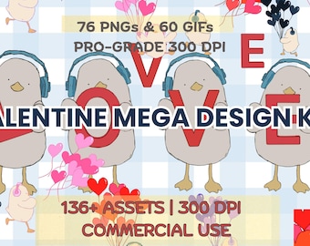 Paquete de pegatinas GIF animadas de pato de San Valentín / Más de 136 recursos digitales para Notion y Goodnotes / Lindo clipart retro beige PNG / Uso comercial