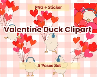 Lindo pato de San Valentín, globo rojo PNG, pegatina de animal divertido, ilustración de propuesta de amor, recurso de planificador digital, sublimación