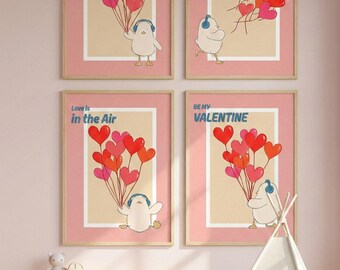 Juego de 4 pósteres digitales de patos de San Valentín, decoración infantil, tamaño A3/A4