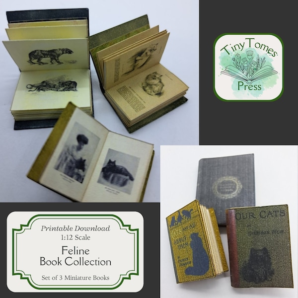 Miniature Feline Book Collection - Digital Download - Set of 3 - Cats - 1:12 Scale - Printable DIY - Dollhouse - Saver Bundle