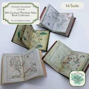 Miniatur-Maritime-Atlas-Buchsammlung aus dem 16. Jahrhundert – digitaler Download – 4er-Set – Maßstab 1:6 – druckbares DIY – Puppenhaus – Sparpaket