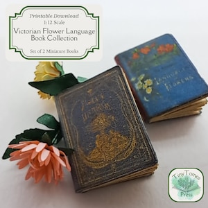 Miniatur-Büchersammlung mit viktorianischen Blumen – Digitaler Download, 2er-Set – Maßstab 1:12 – druckbares DIY – Puppenhaus – Sparpaket