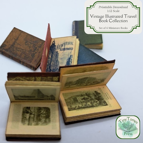 Miniature Vintage Illustrated Travel Book Collection - Digital Download - Set of 6 - 1:12 Scale - Printable DIY - Dollhouse - Saver Bundle