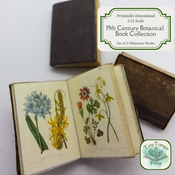 Miniature 19th Century Botanical Book Collection - Digital Download -  Set of 3 - 1:12 Scale - Printable DIY - Dollhouse - Saver Bundle