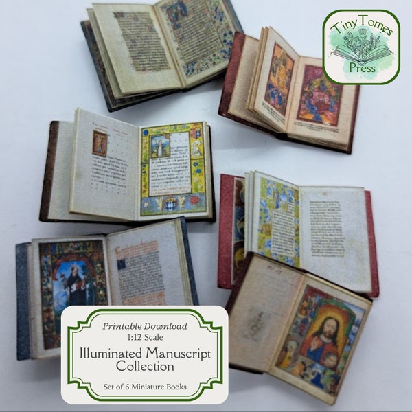 Miniature Illuminated Manuscript Collection - Digital Download - Set of 6 - 1:12 Scale -  Printable DIY - Dollhouse - Saver Bundle