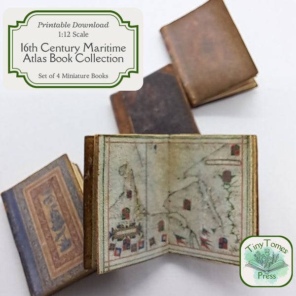 Miniature 16th Century Maritime Atlas Book Collection - Digital Download - Set of 4 - 1:12 Scale - Printable DIY - Dollhouse - Saver Bundle