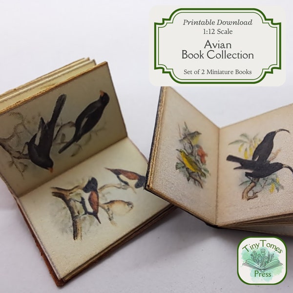 Miniature Avian Book Collection - Digital Download - Set of 2 - 1:12 Scale - Vintage - Birds - Printable DIY - Dollhouse - Saver Bundle